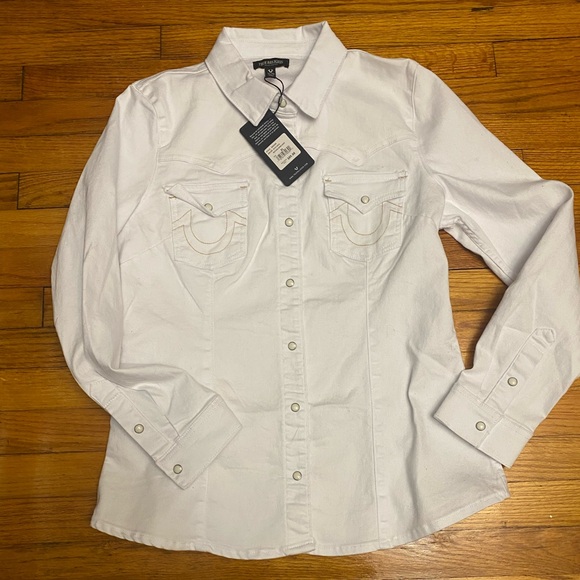 True Religion Jackets & Blazers - True Religion Western White Shirt Jacket W/Pearl Snaps Denim Stretch Size XL